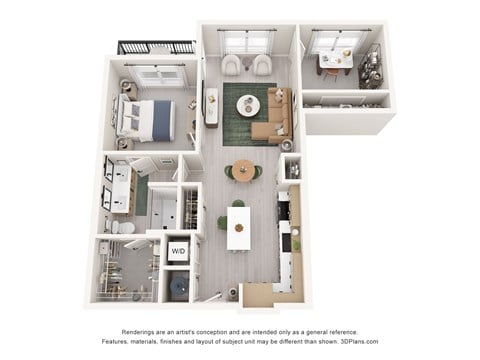 Floor plan for 1 bed, 1 bath, 911 sqft